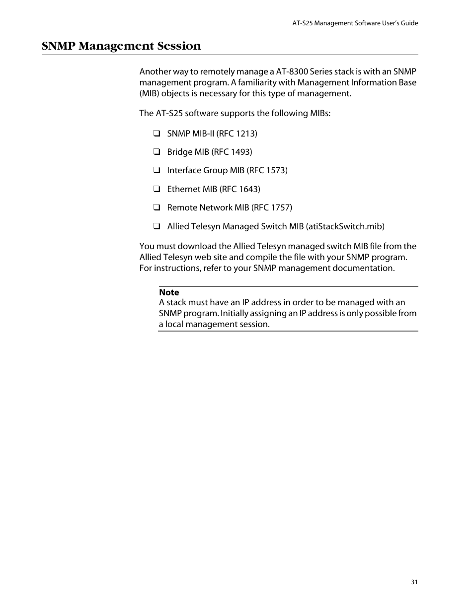 Snmp management session | Allied Telesis AT-S25 User Manual | Page 31 / 276