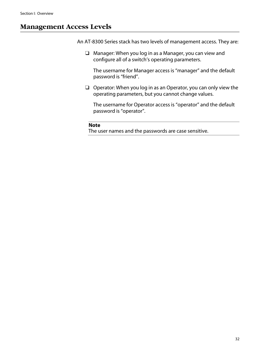 Management access levels | Allied Telesis AT-S25 User Manual | Page 32 / 276