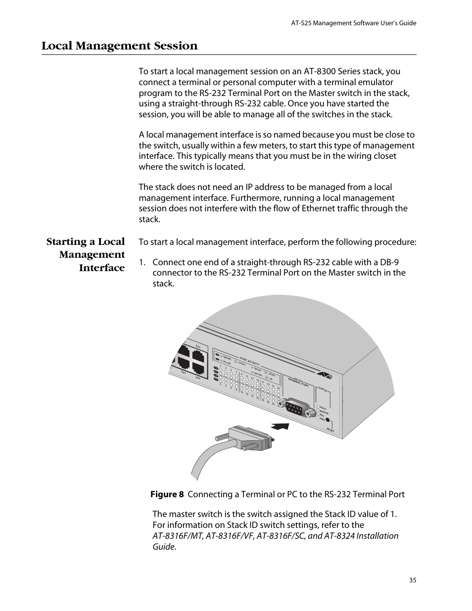 Local management session, Starting a local management interface, At-s25 management software user’s guide 35 | Allied Telesis AT-S25 User Manual | Page 35 / 276