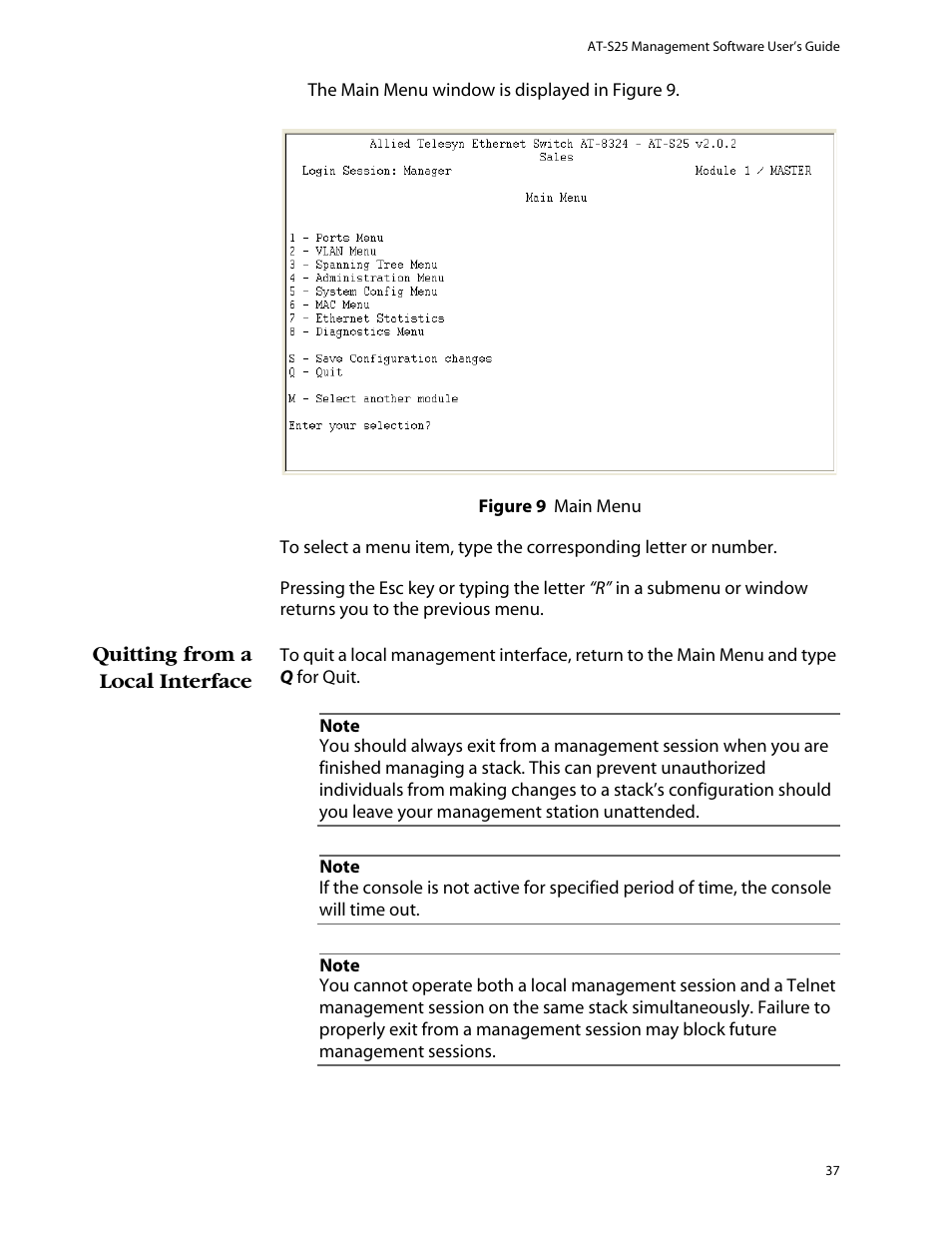 Quitting from a local interface | Allied Telesis AT-S25 User Manual | Page 37 / 276