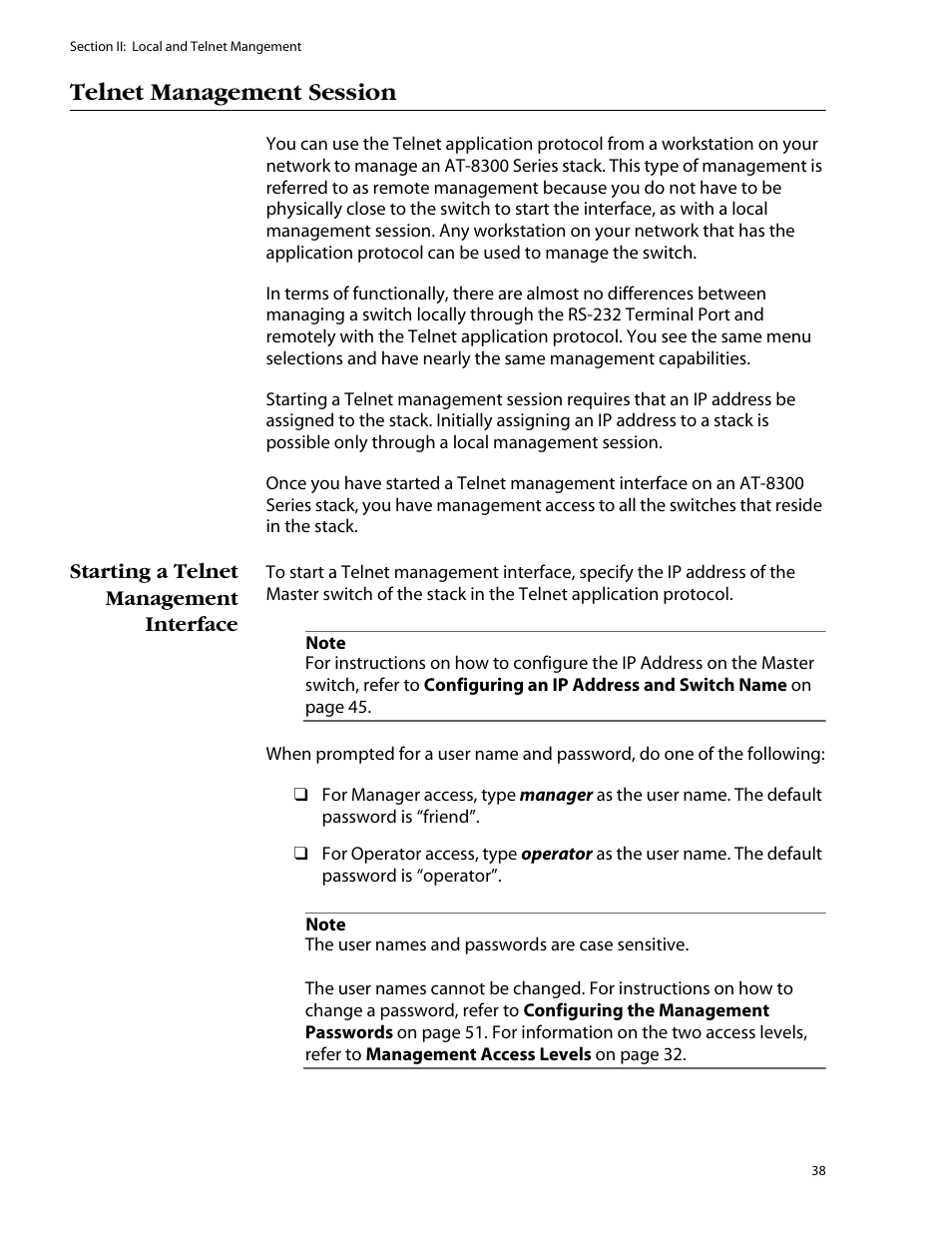 Telnet management session, Starting a telnet management interface | Allied Telesis AT-S25 User Manual | Page 38 / 276
