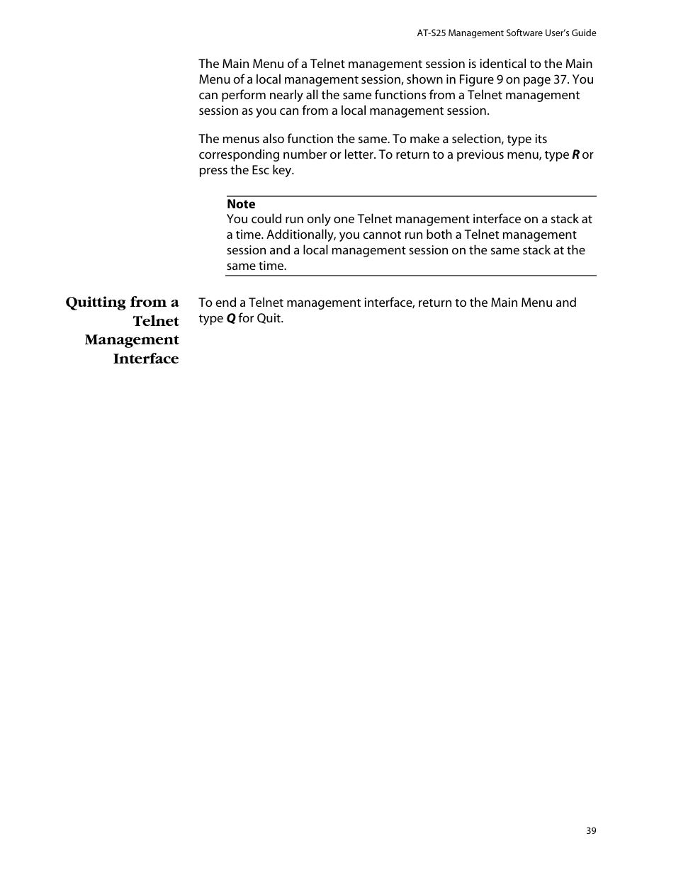 Quitting from a telnet management interface | Allied Telesis AT-S25 User Manual | Page 39 / 276