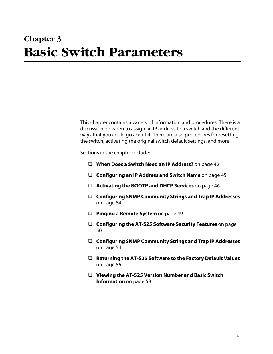 Chapter 3, Basic switch parameters, Chapter 3 basic switch parameters | Allied Telesis AT-S25 User Manual | Page 41 / 276