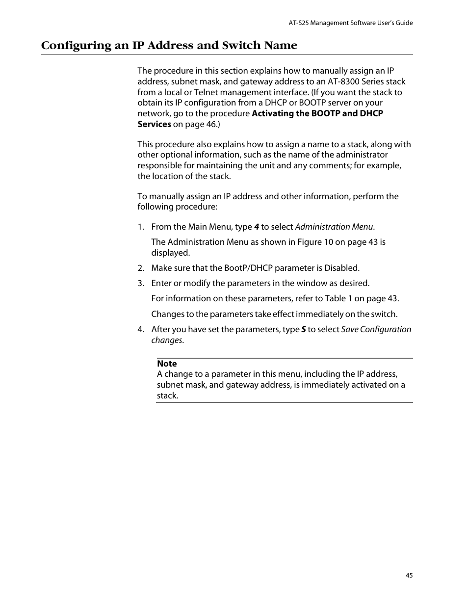Configuring an ip address and switch name | Allied Telesis AT-S25 User Manual | Page 45 / 276