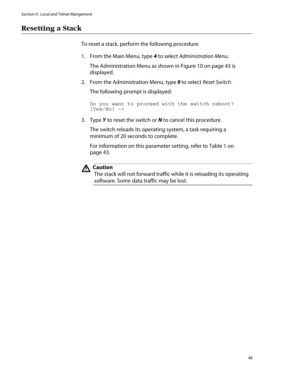 Resetting a stack | Allied Telesis AT-S25 User Manual | Page 48 / 276