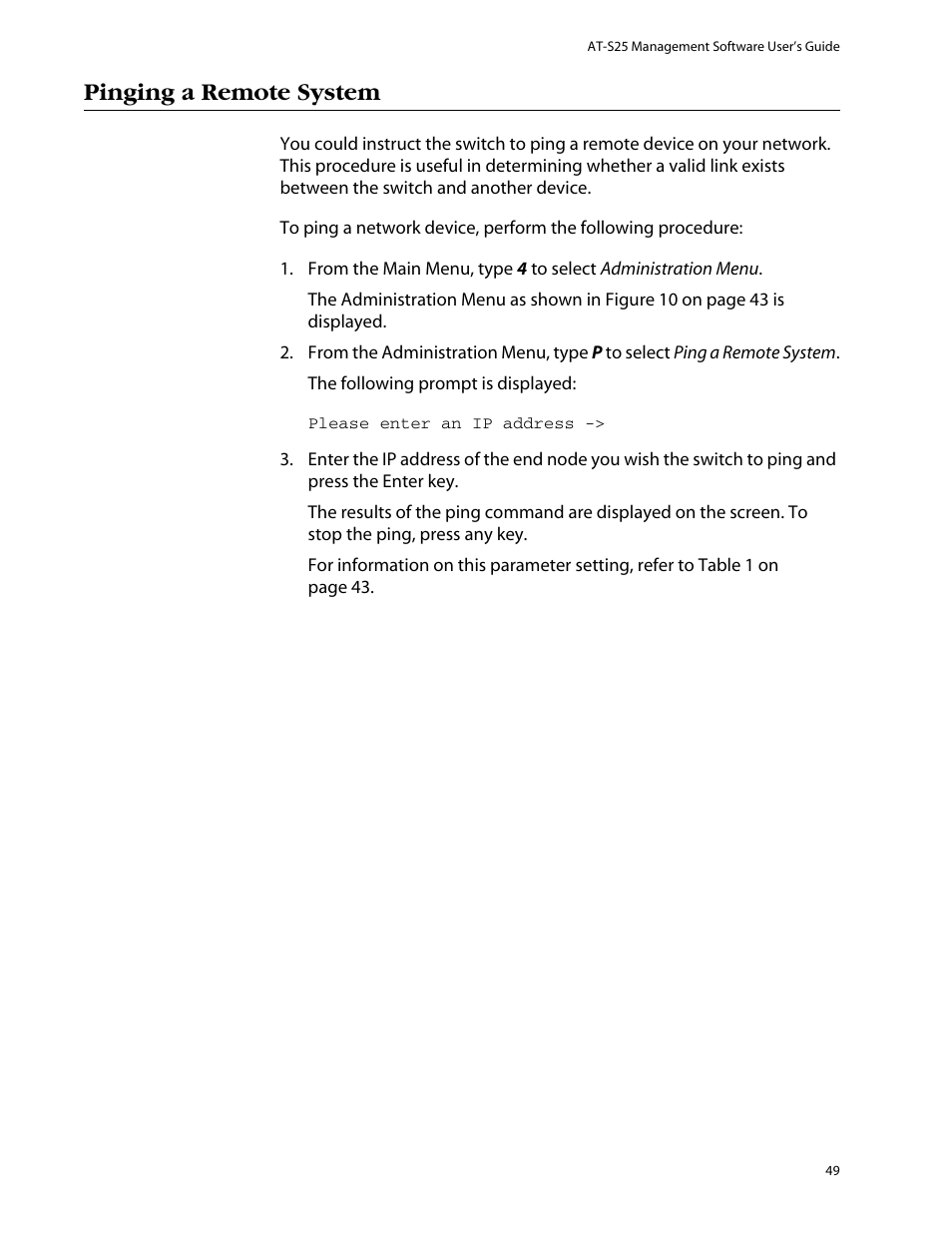 Pinging a remote system | Allied Telesis AT-S25 User Manual | Page 49 / 276