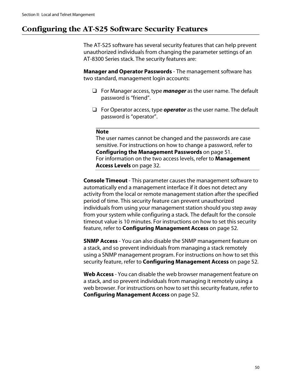 Configuring the at-s25 software security features | Allied Telesis AT-S25 User Manual | Page 50 / 276