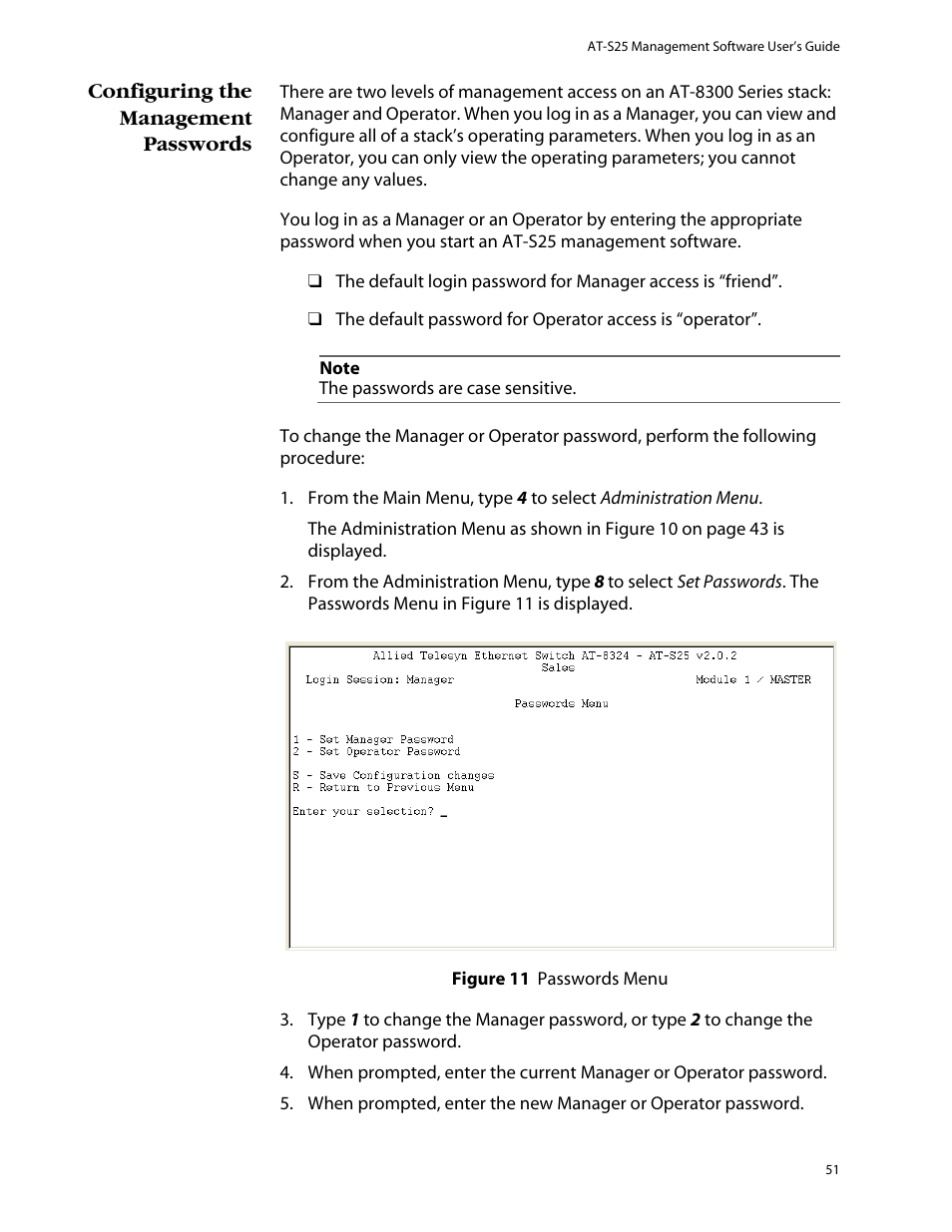 Configuring the management passwords | Allied Telesis AT-S25 User Manual | Page 51 / 276