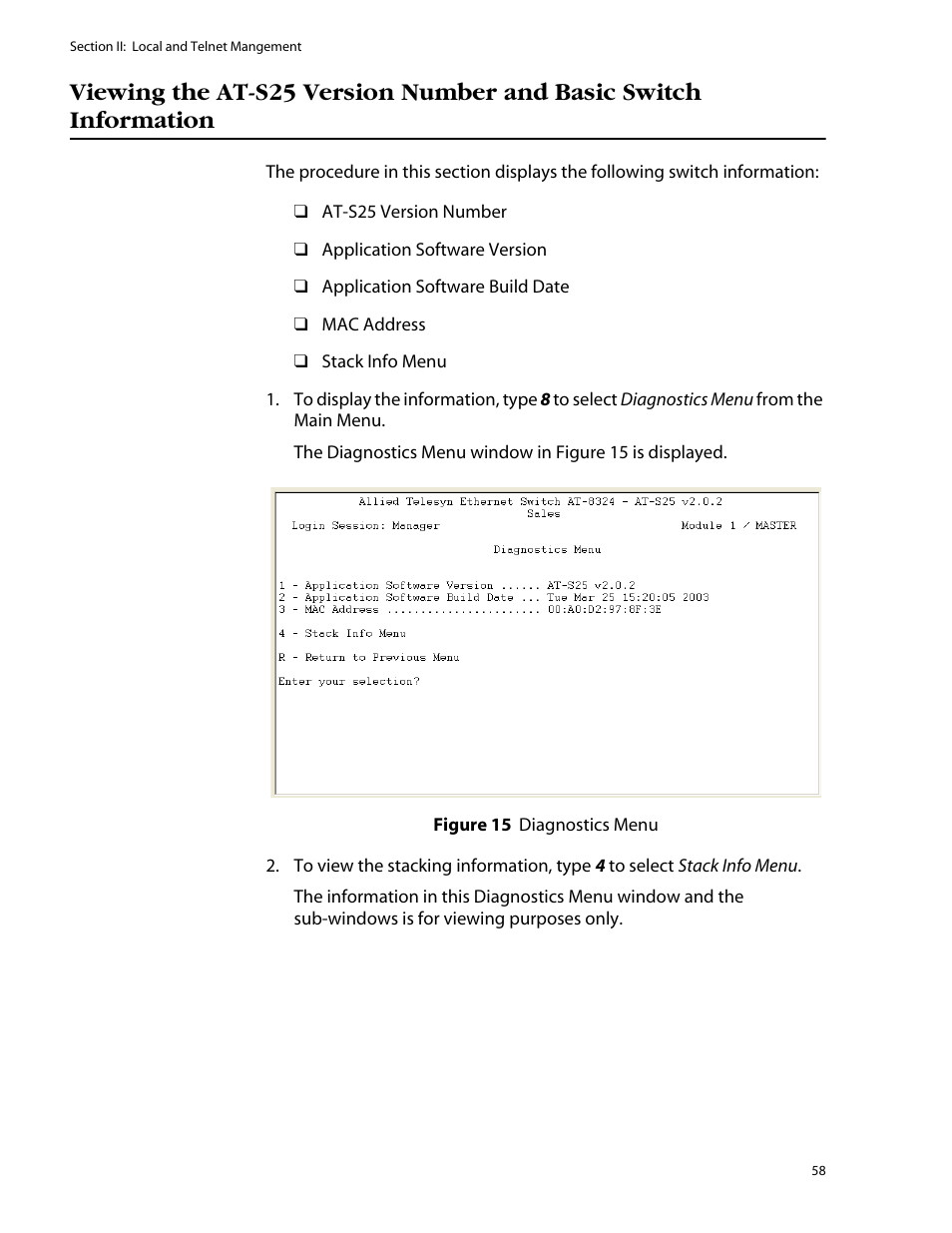 Viewing the at-s25 version number and basic switch | Allied Telesis AT-S25 User Manual | Page 58 / 276