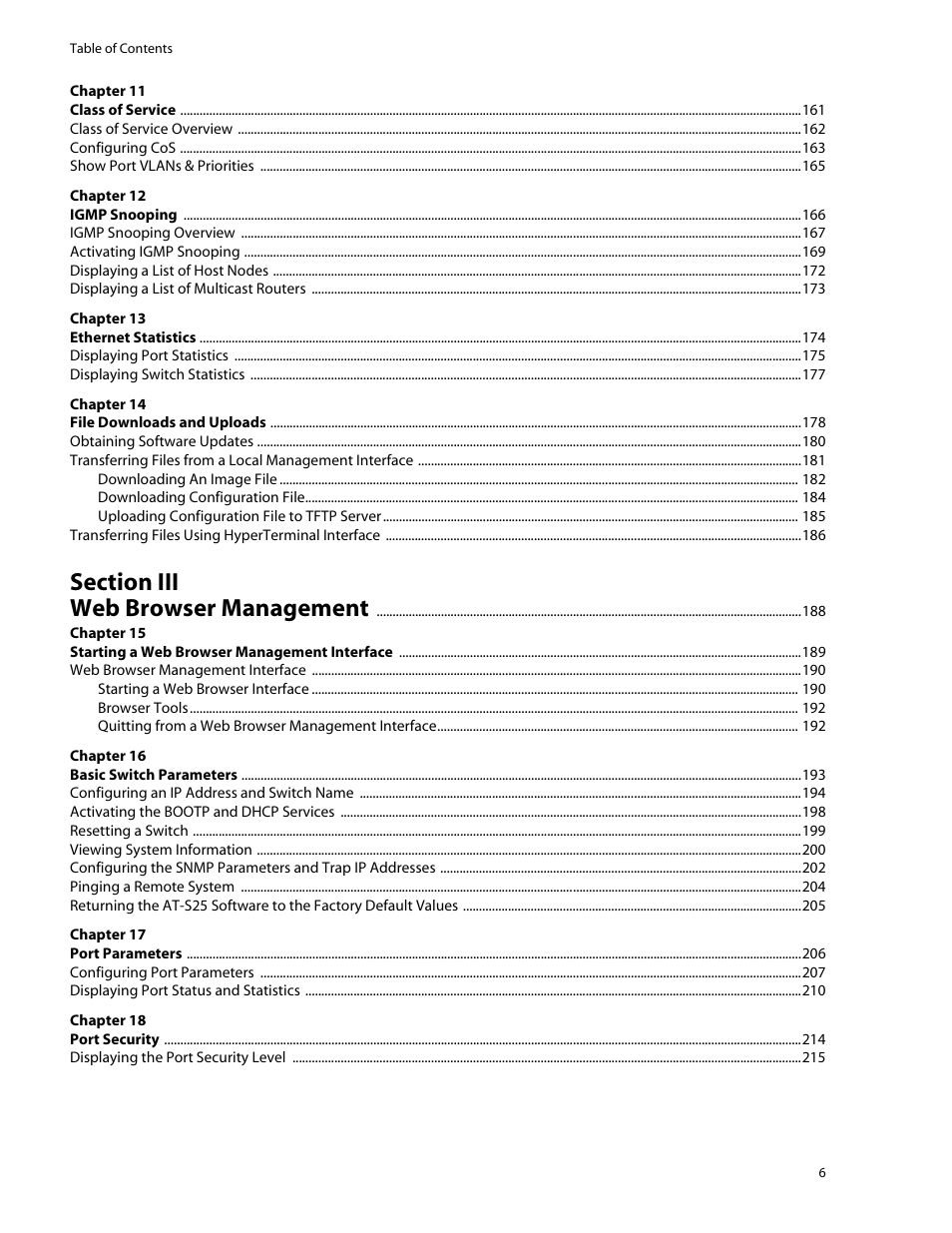 Section iii, Web browser management 188 | Allied Telesis AT-S25 User Manual | Page 6 / 276