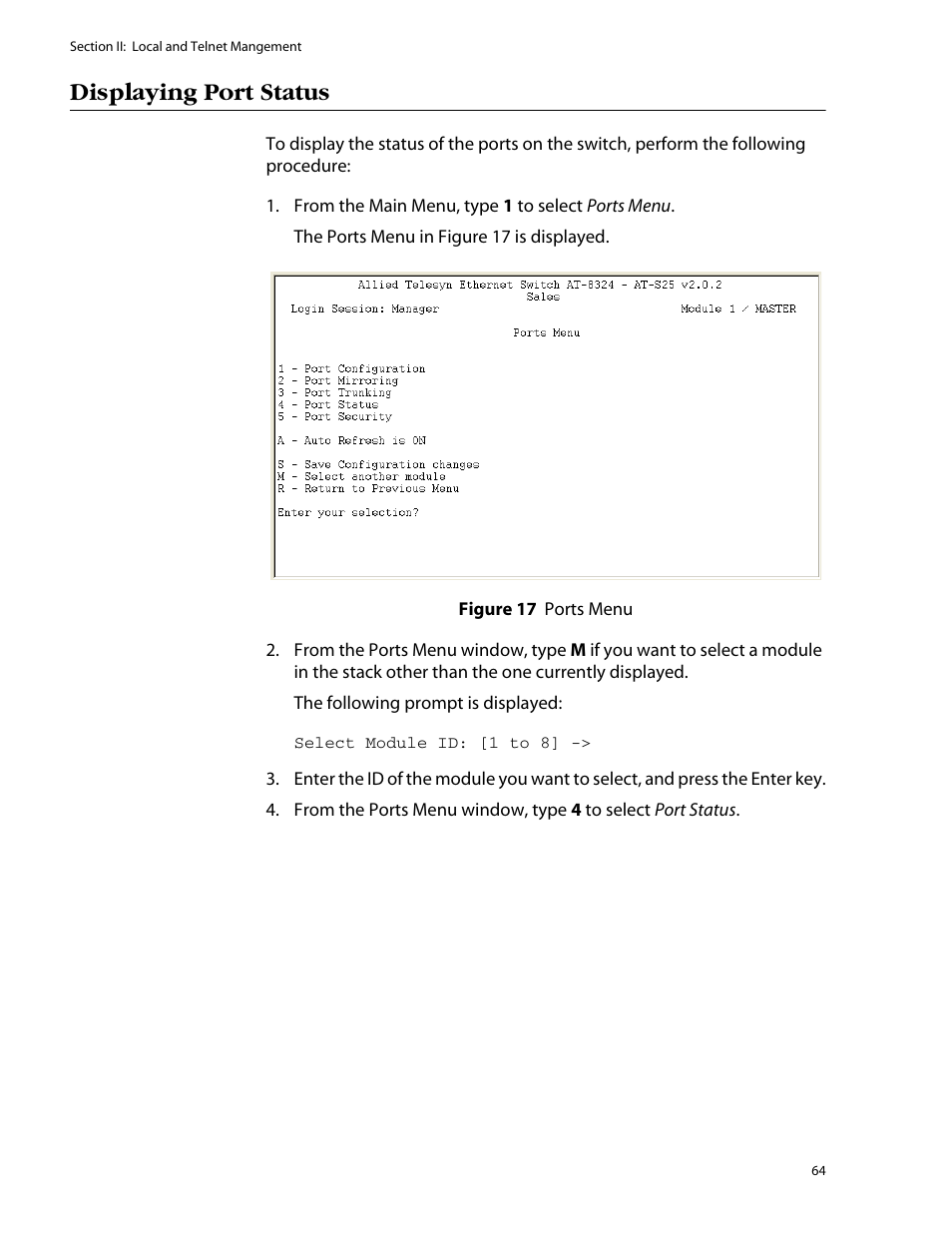 Displaying port status | Allied Telesis AT-S25 User Manual | Page 64 / 276