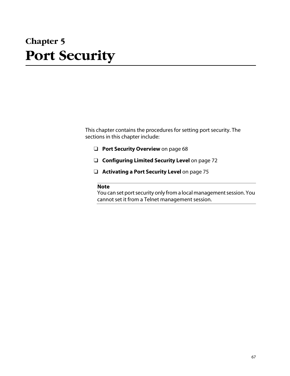 Chapter 5, Port security, Chapter 5 port security | Allied Telesis AT-S25 User Manual | Page 67 / 276