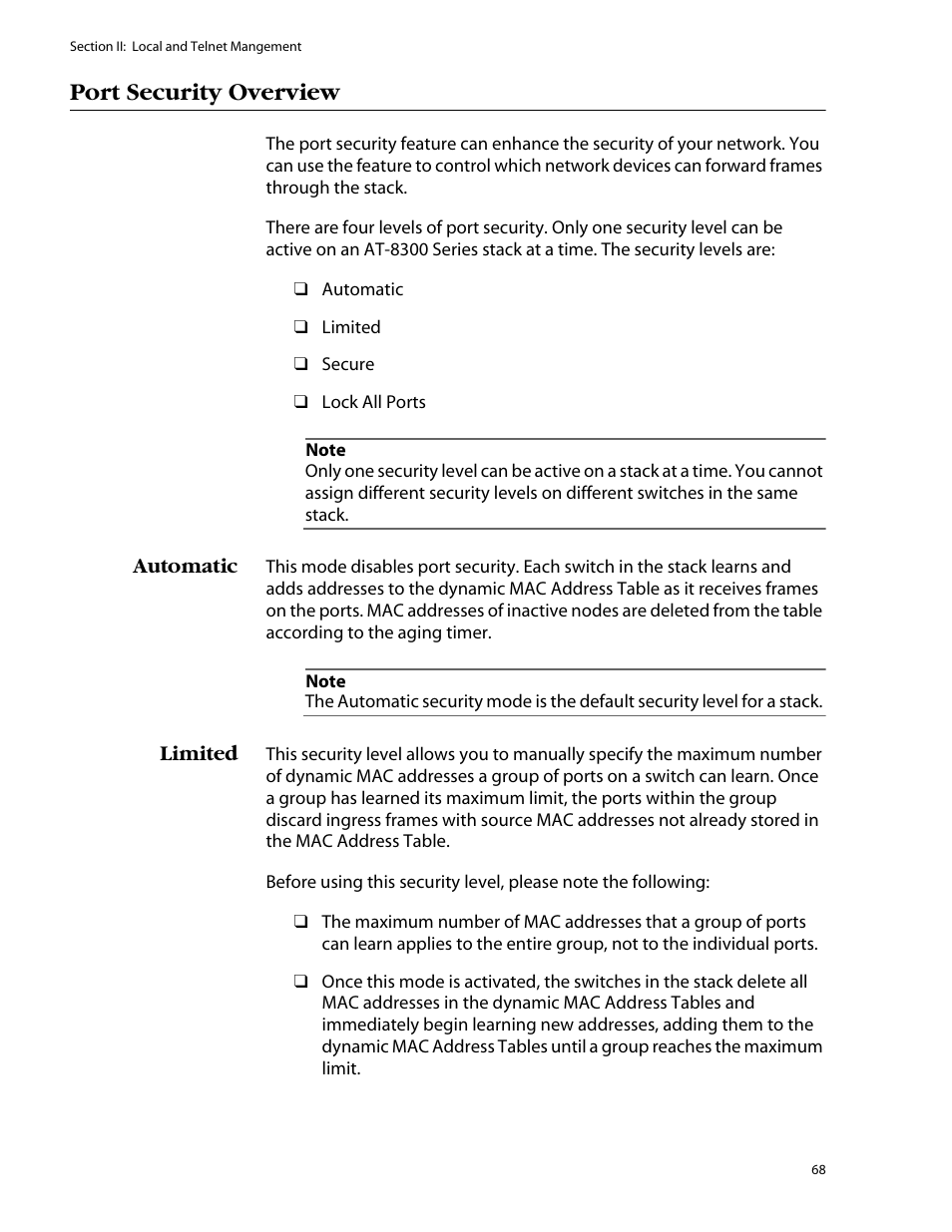 Port security overview, Automatic, Limited | Automatic limited | Allied Telesis AT-S25 User Manual | Page 68 / 276