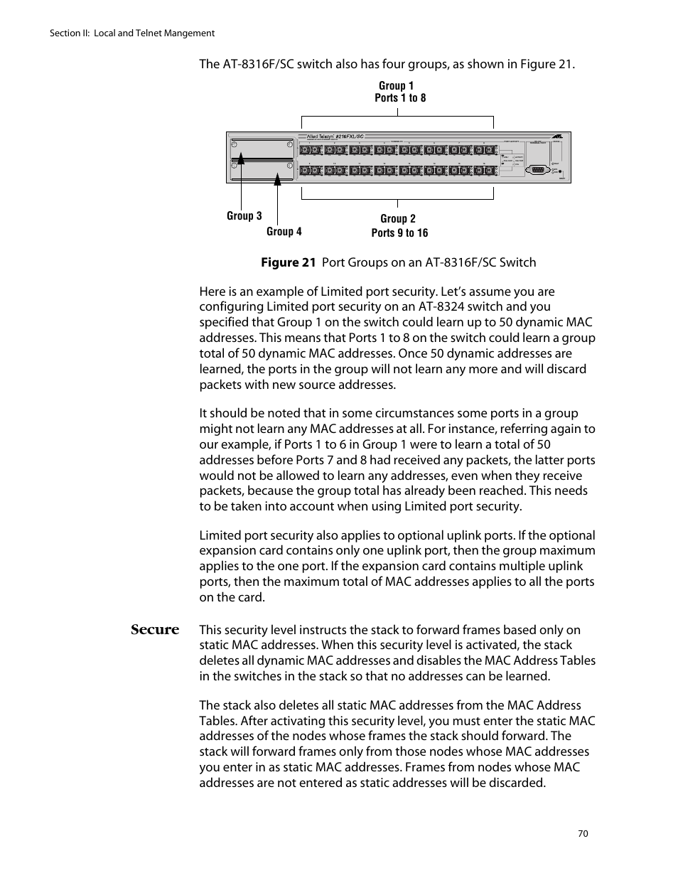 Secure, Group 3 group 4, L /a d/c | Allied Telesis AT-S25 User Manual | Page 70 / 276