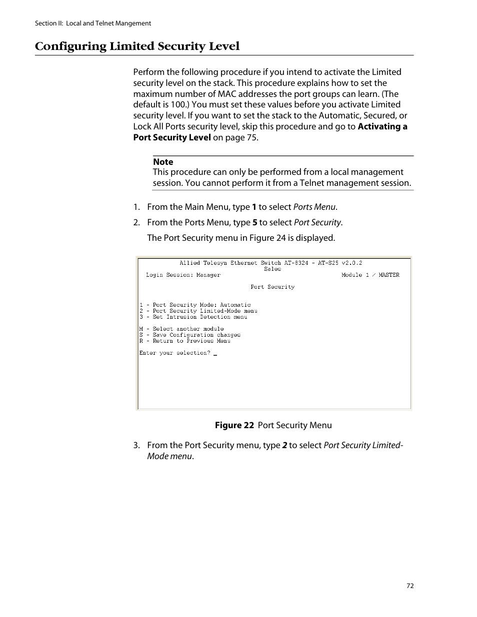 Configuring limited security level | Allied Telesis AT-S25 User Manual | Page 72 / 276