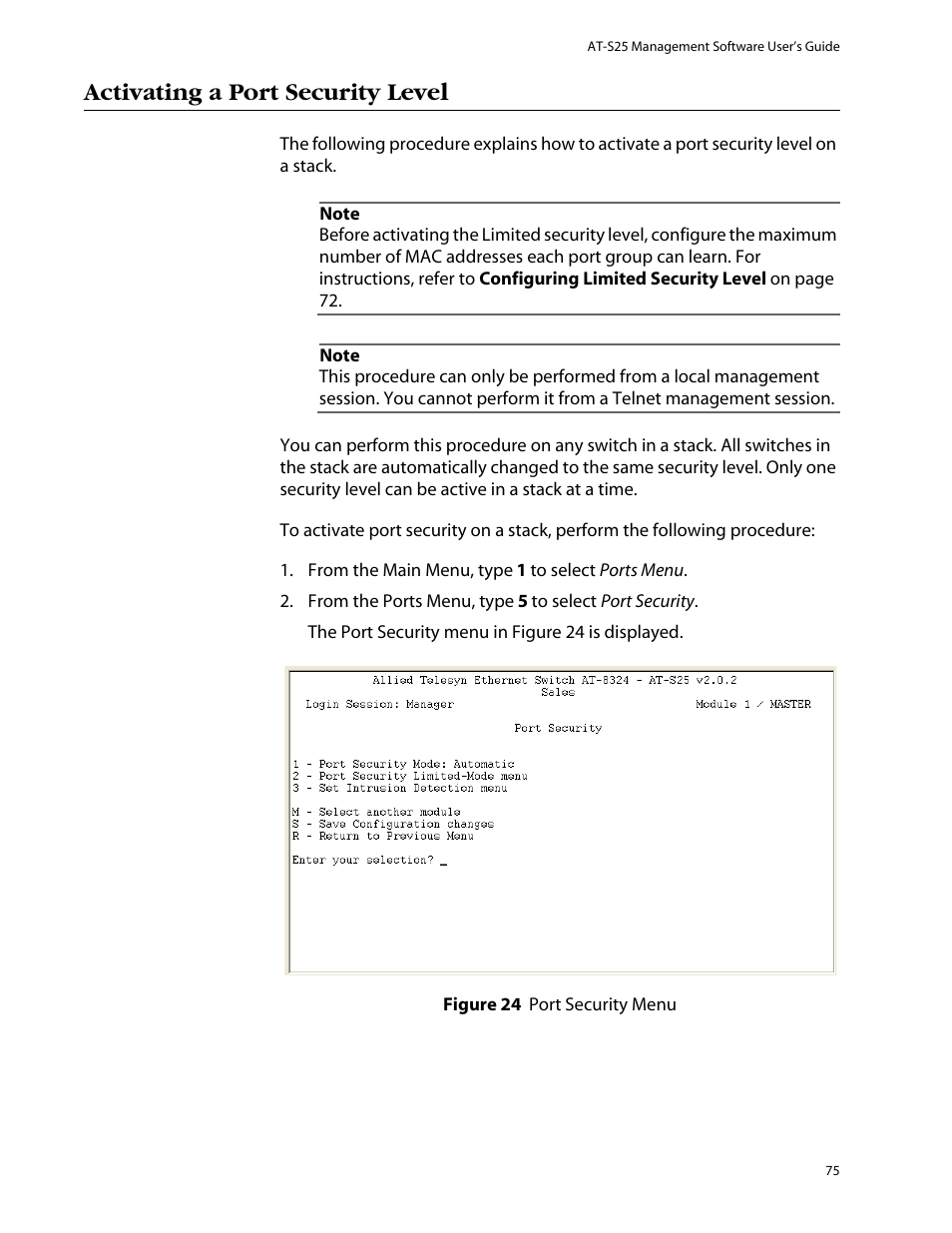 Activating a port security level | Allied Telesis AT-S25 User Manual | Page 75 / 276