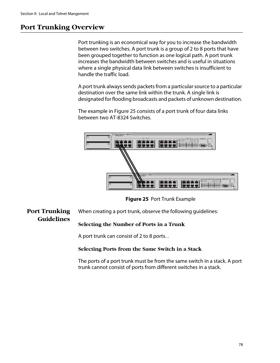 Port trunking overview, Port trunking guidelines, L /a | L /a d/c d/c l /a d/c | Allied Telesis AT-S25 User Manual | Page 78 / 276