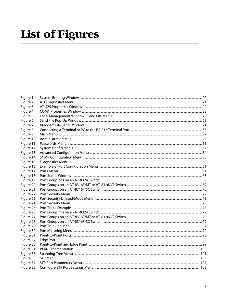 List of figures, Figure 1: system booting window 20, Figure 2: ati diagnostics menu 21 | Figure 3: at-s25 properties window 22, Figure 4: com1 properties window 22, Figure 6: send file pop-up window 23, Figure 7: xmodem file send window 24, Figure 9: main menu 37, Figure 10: administration menu 43, Figure 11: passwords menu 51 | Allied Telesis AT-S25 User Manual | Page 8 / 276