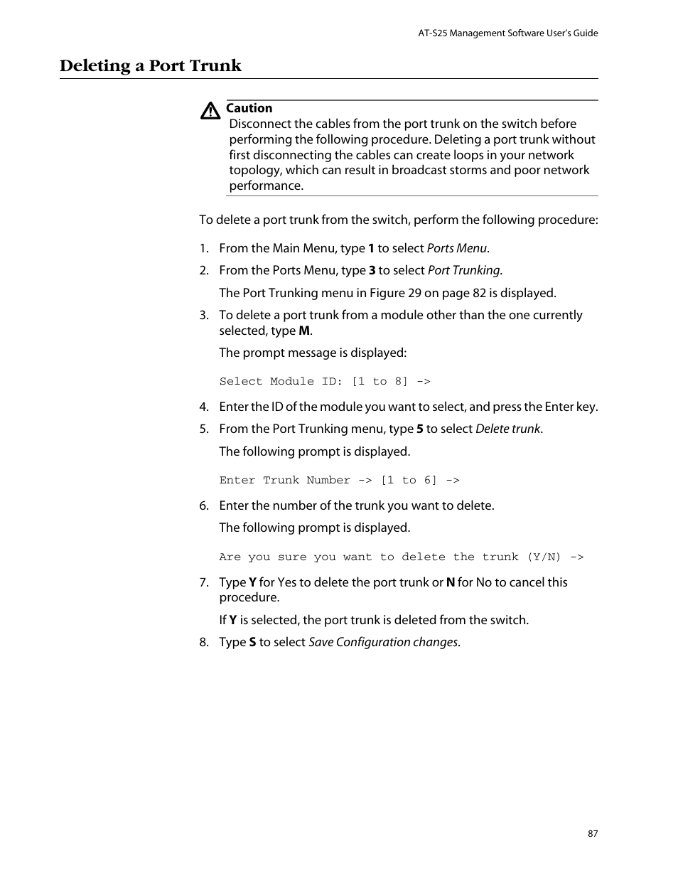 Deleting a port trunk | Allied Telesis AT-S25 User Manual | Page 87 / 276