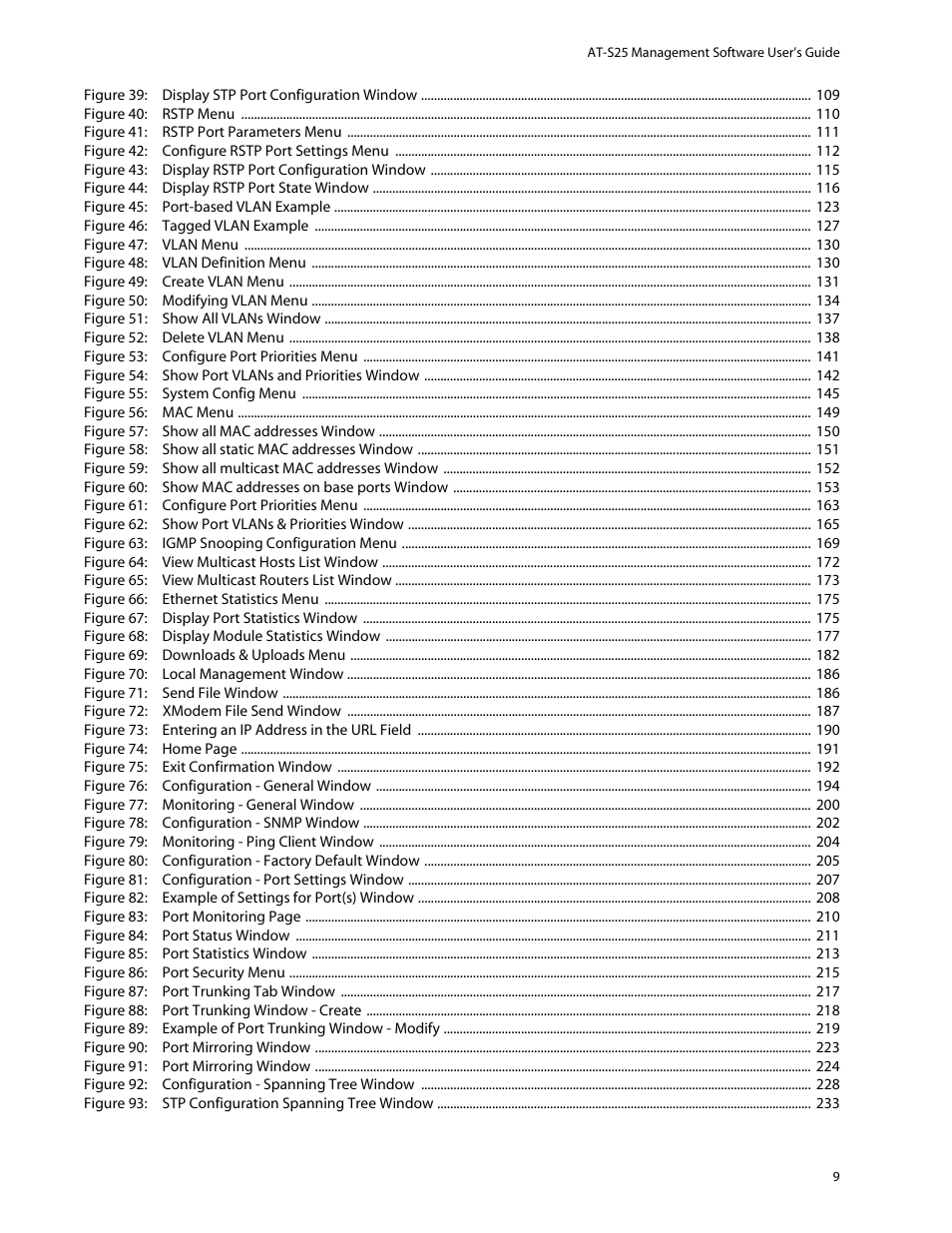 Figure 40: rstp menu 110, Figure 41: rstp port parameters menu 111, Figure 42: configure rstp port settings menu 112 | Figure 44: display rstp port state window 116, Figure 45: port-based vlan example 123, Figure 46: tagged vlan example 127, Figure 47: vlan menu 130, Figure 48: vlan definition menu 130, Figure 49: create vlan menu 131, Figure 50: modifying vlan menu 134 | Allied Telesis AT-S25 User Manual | Page 9 / 276