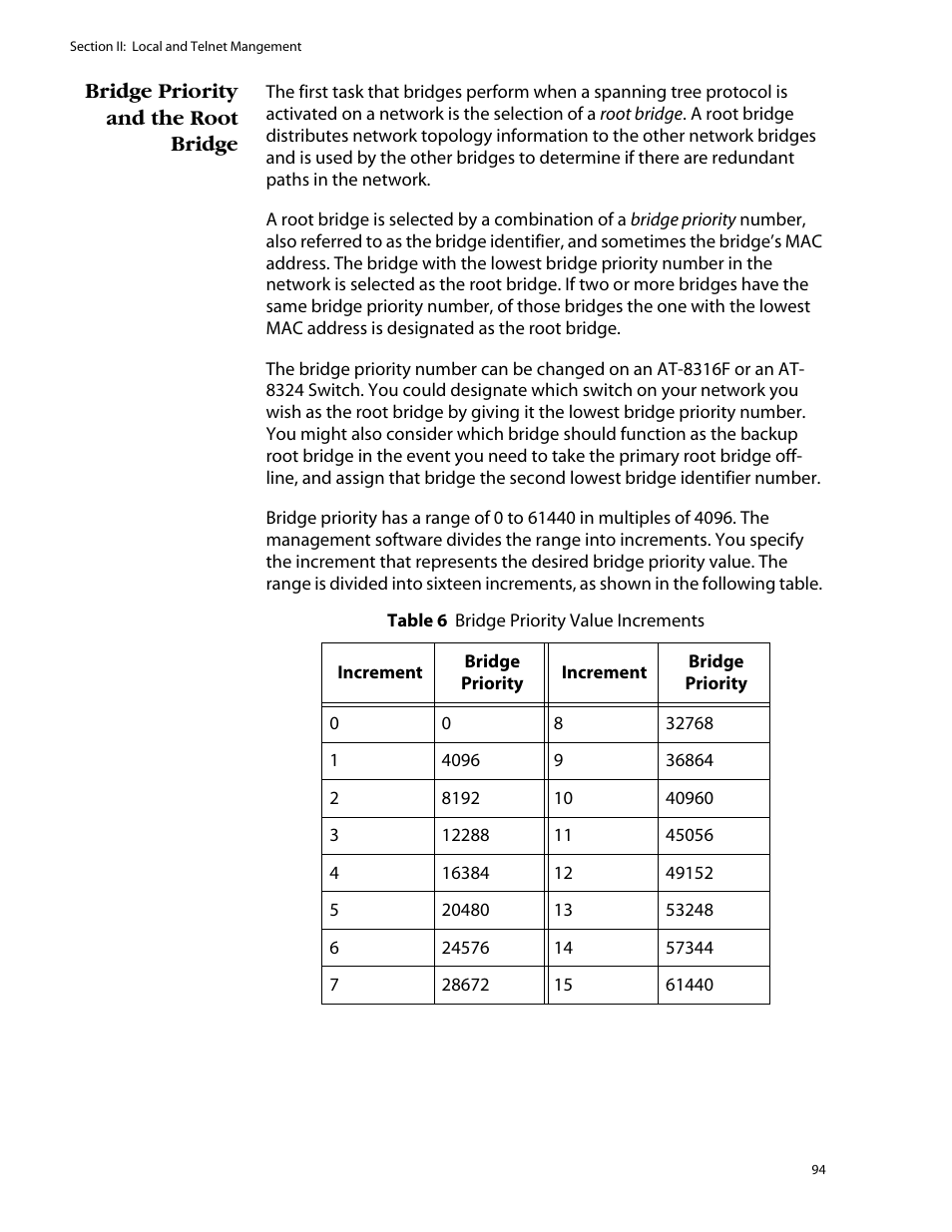 Bridge priority and the root bridge | Allied Telesis AT-S25 User Manual | Page 94 / 276