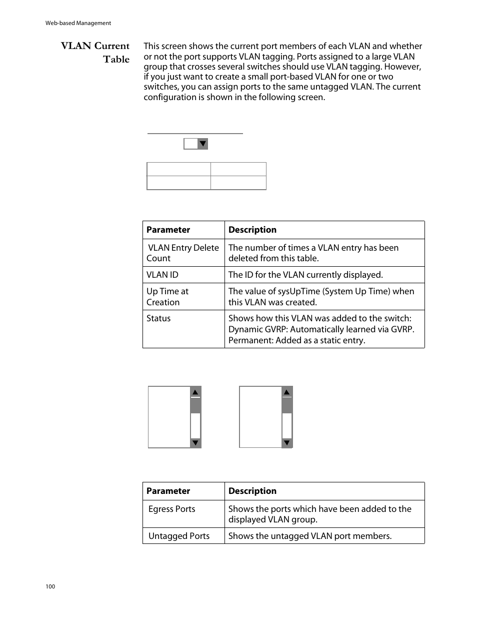 Vlan current table | Allied Telesis AT-S29 User Manual | Page 100 / 136
