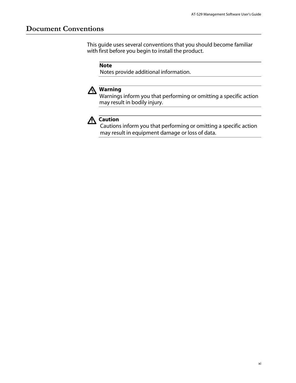 Document conventions | Allied Telesis AT-S29 User Manual | Page 11 / 136