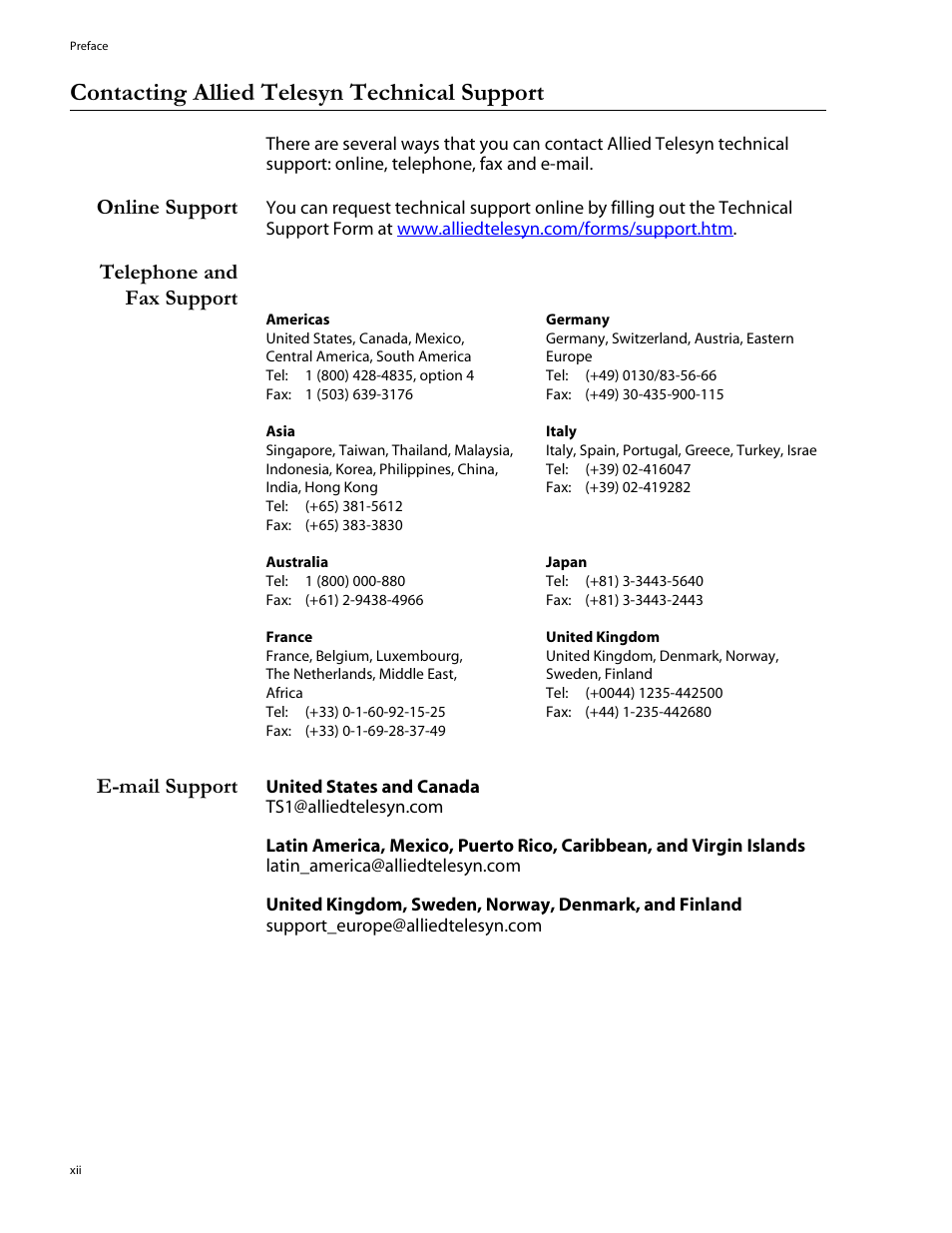 Contacting allied telesyn technical support, Online support, Telephone and fax support | E-mail support, Telephone and fax support e-mail support | Allied Telesis AT-S29 User Manual | Page 12 / 136