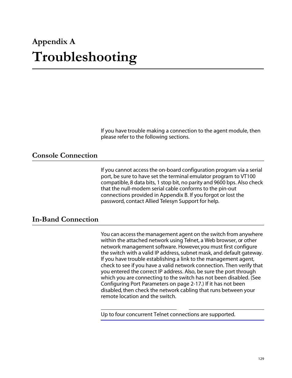 Appendix a, Troubleshooting, Console connection | In-band connection | Allied Telesis AT-S29 User Manual | Page 129 / 136