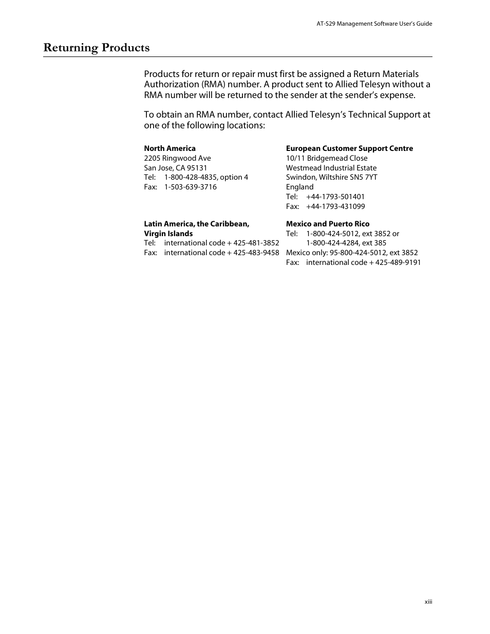 Returning products | Allied Telesis AT-S29 User Manual | Page 13 / 136