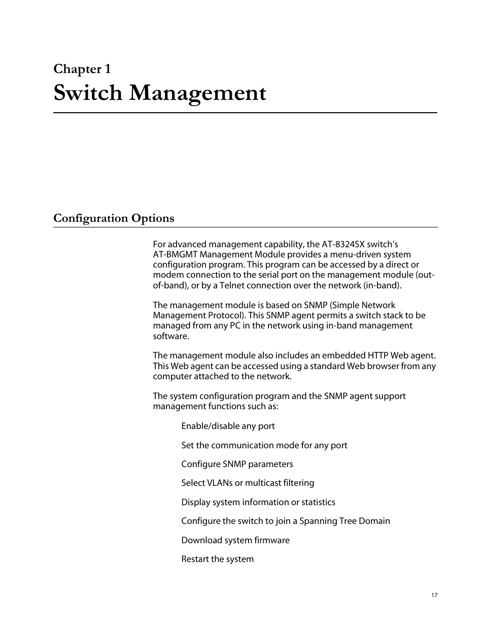 Chapter1, Switch management, Configuration options | Chapter 1 | Allied Telesis AT-S29 User Manual | Page 17 / 136