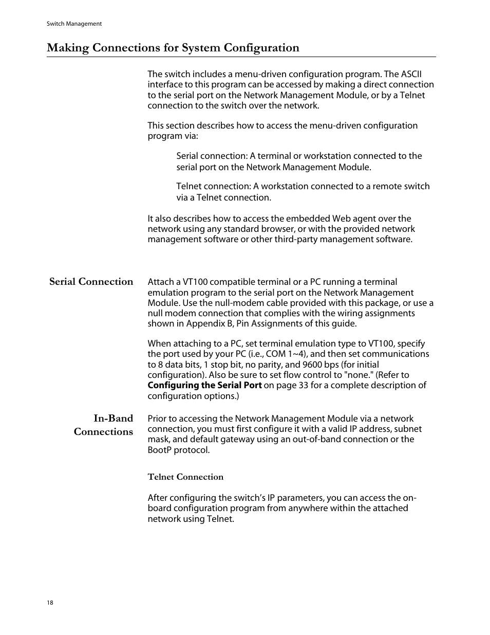 Making connections for system configuration, Serial connection, In-band connections | Allied Telesis AT-S29 User Manual | Page 18 / 136