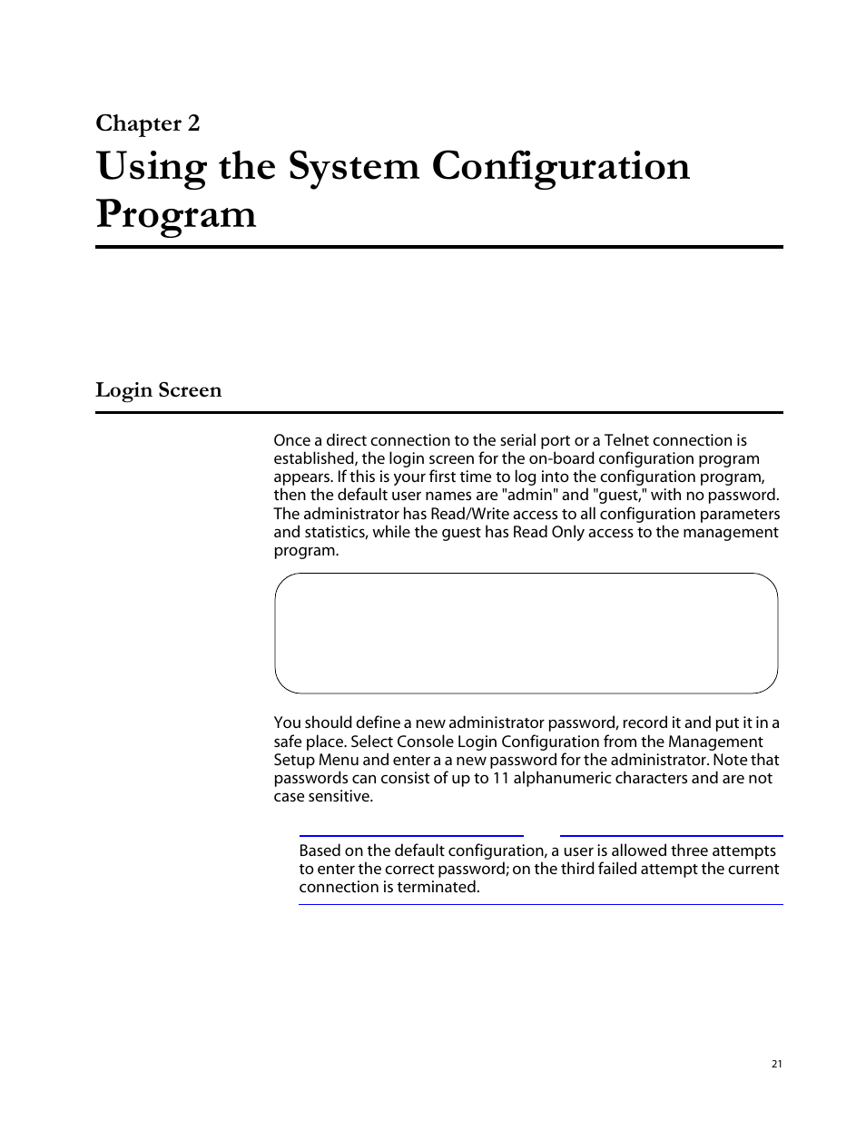 Chapter 2, Using the system configuration program, Login screen | Allied Telesis AT-S29 User Manual | Page 21 / 136