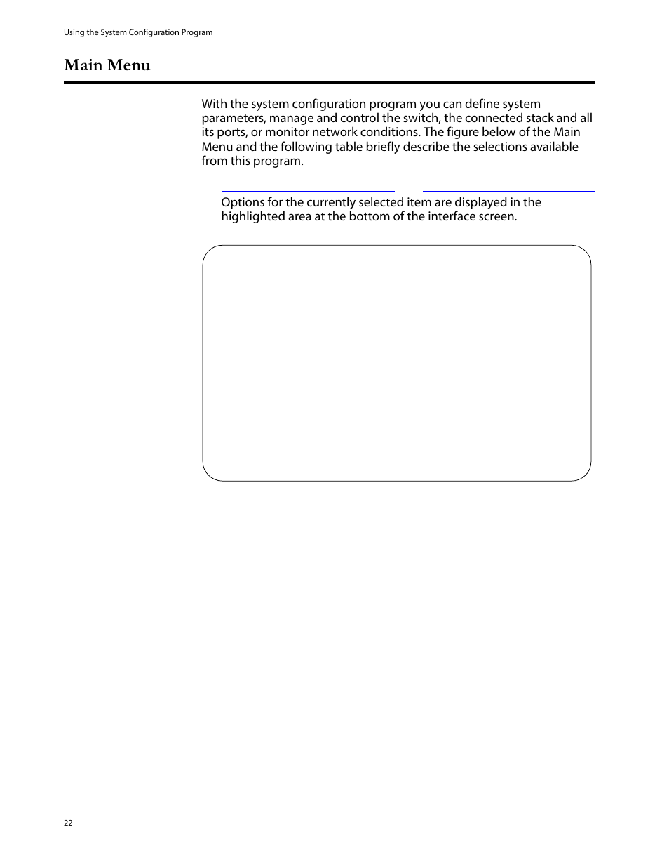 Main menu | Allied Telesis AT-S29 User Manual | Page 22 / 136