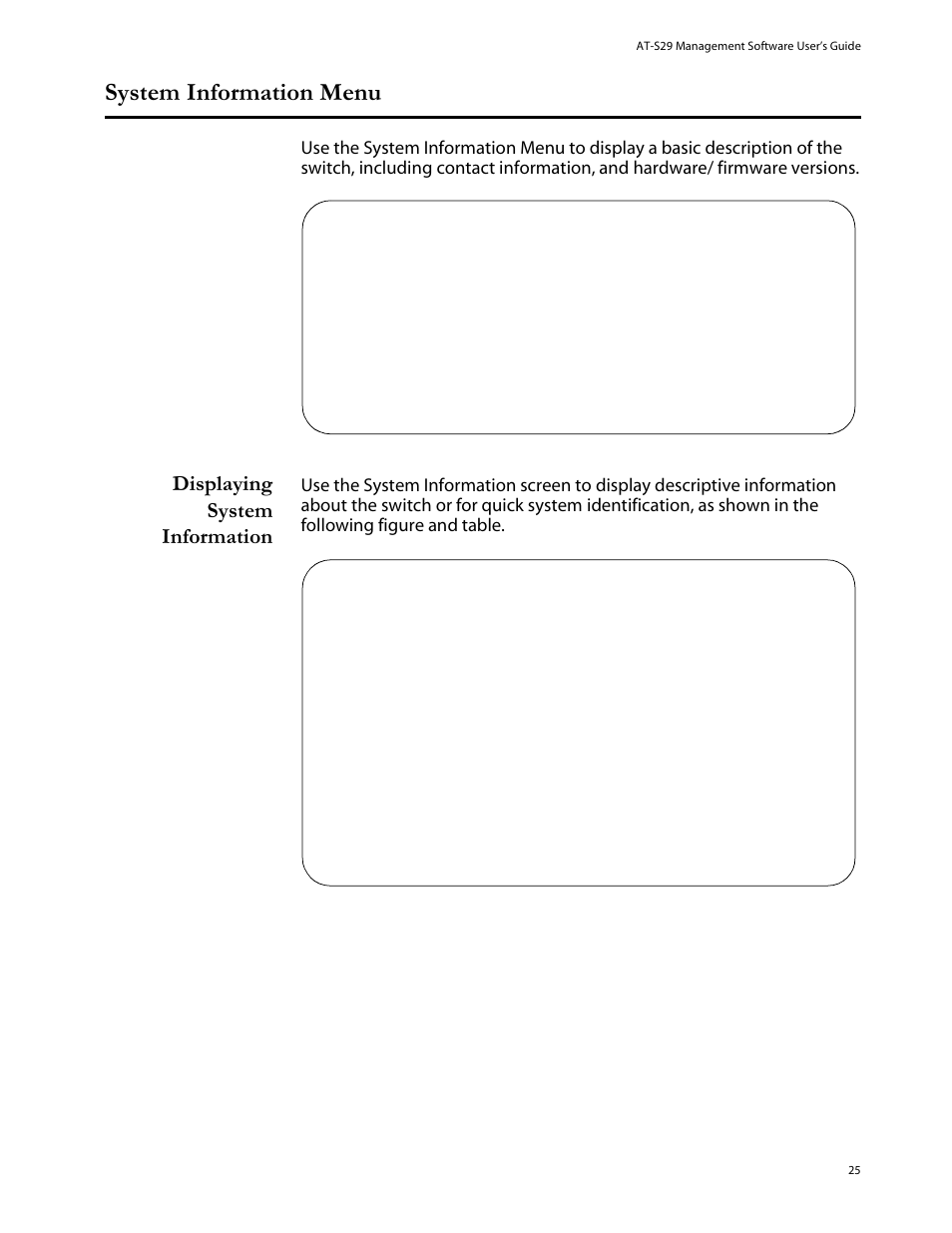 System information menu, Displaying system information | Allied Telesis AT-S29 User Manual | Page 25 / 136