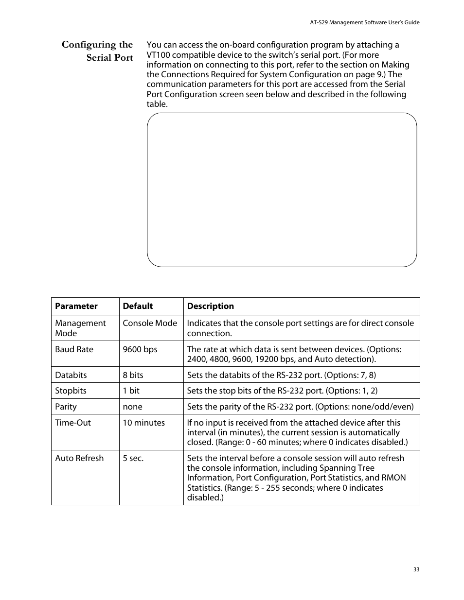 Configuring the serial port | Allied Telesis AT-S29 User Manual | Page 33 / 136