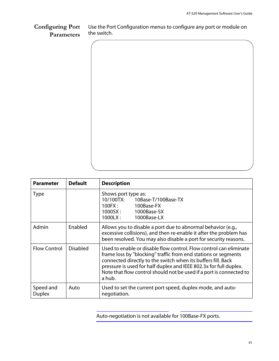 Configuring port parameters | Allied Telesis AT-S29 User Manual | Page 41 / 136