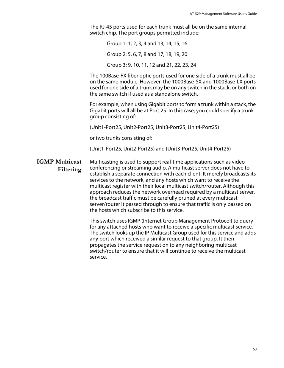 Igmp multicast filtering | Allied Telesis AT-S29 User Manual | Page 53 / 136