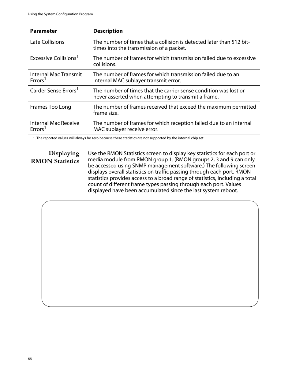 Displaying rmon statistics | Allied Telesis AT-S29 User Manual | Page 66 / 136