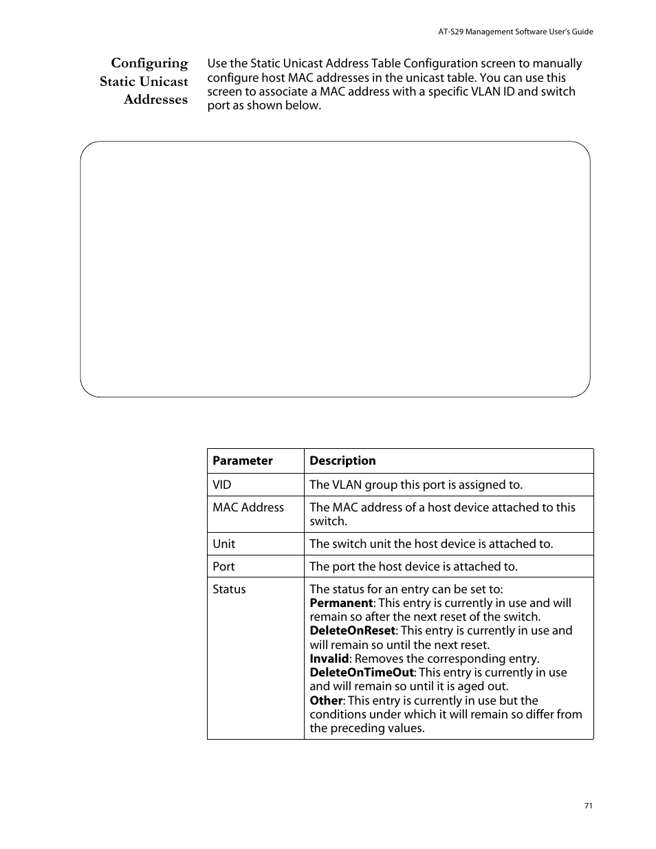 Configuring static unicast addresses | Allied Telesis AT-S29 User Manual | Page 71 / 136