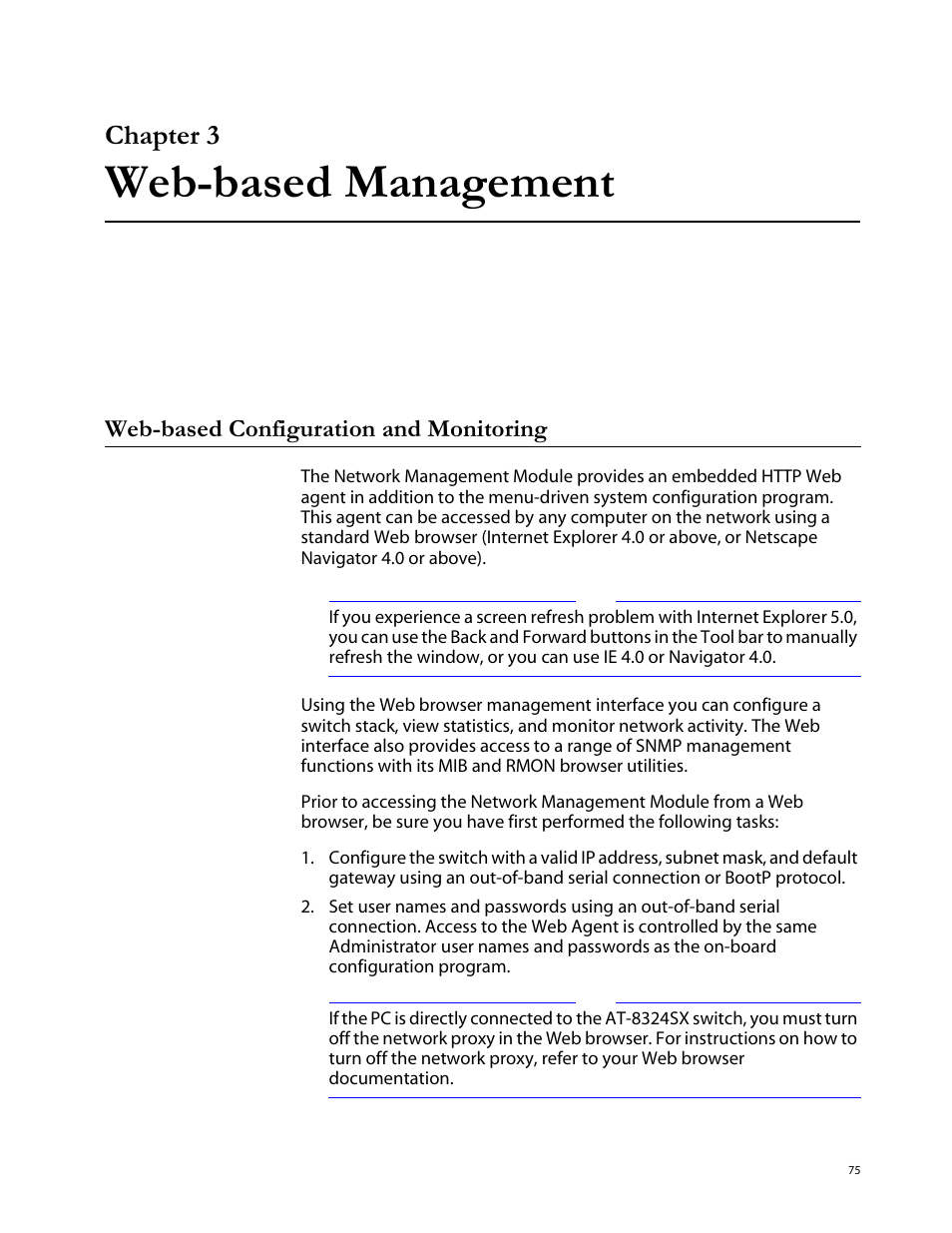 Chapter 3, Web-based management, Web-based configuration and monitoring | Allied Telesis AT-S29 User Manual | Page 75 / 136