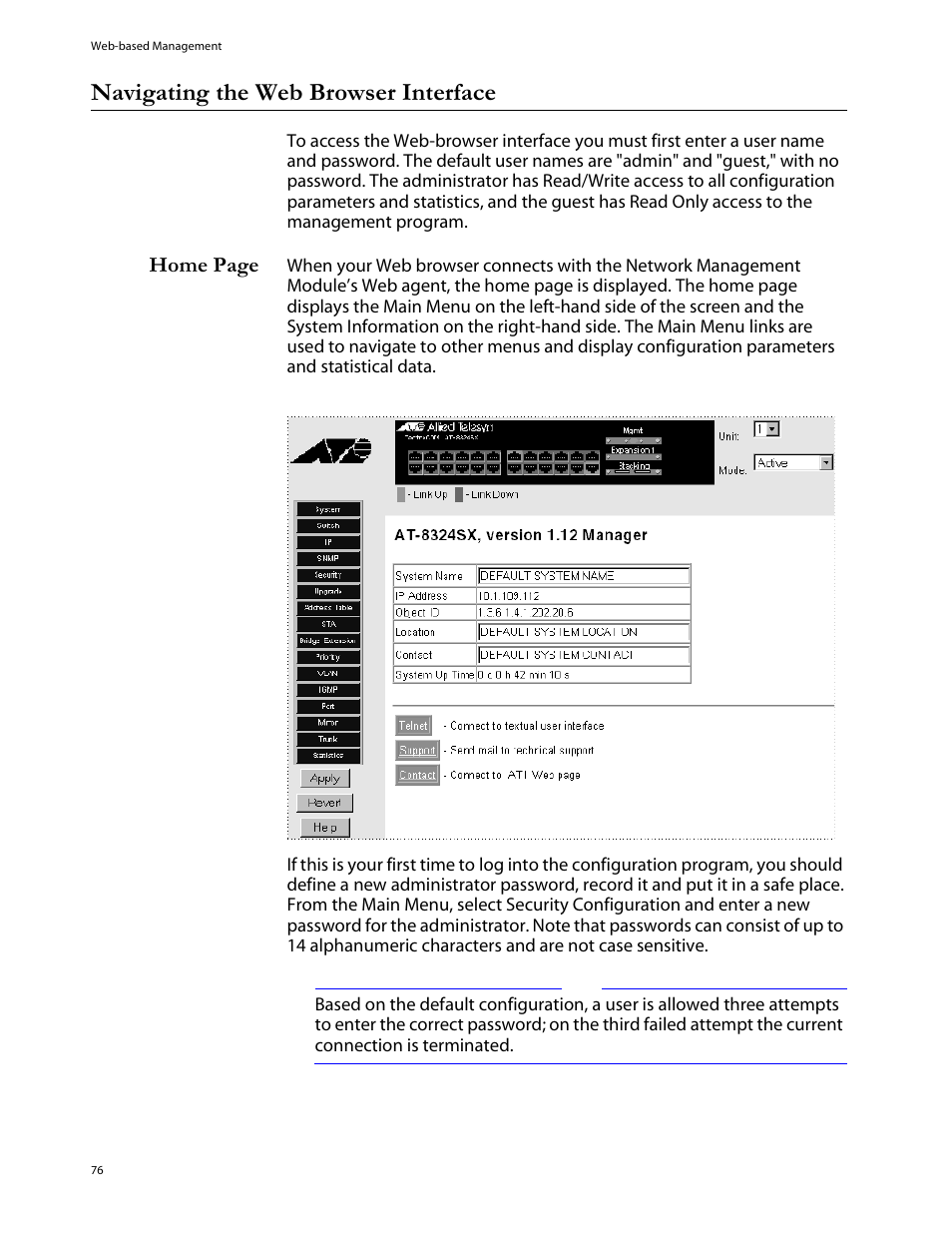 Navigating the web browser interface, Home page | Allied Telesis AT-S29 User Manual | Page 76 / 136