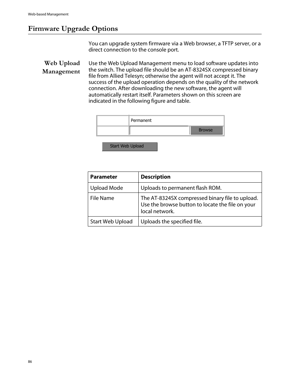 Firmware upgrade options, Web upload management | Allied Telesis AT-S29 User Manual | Page 86 / 136