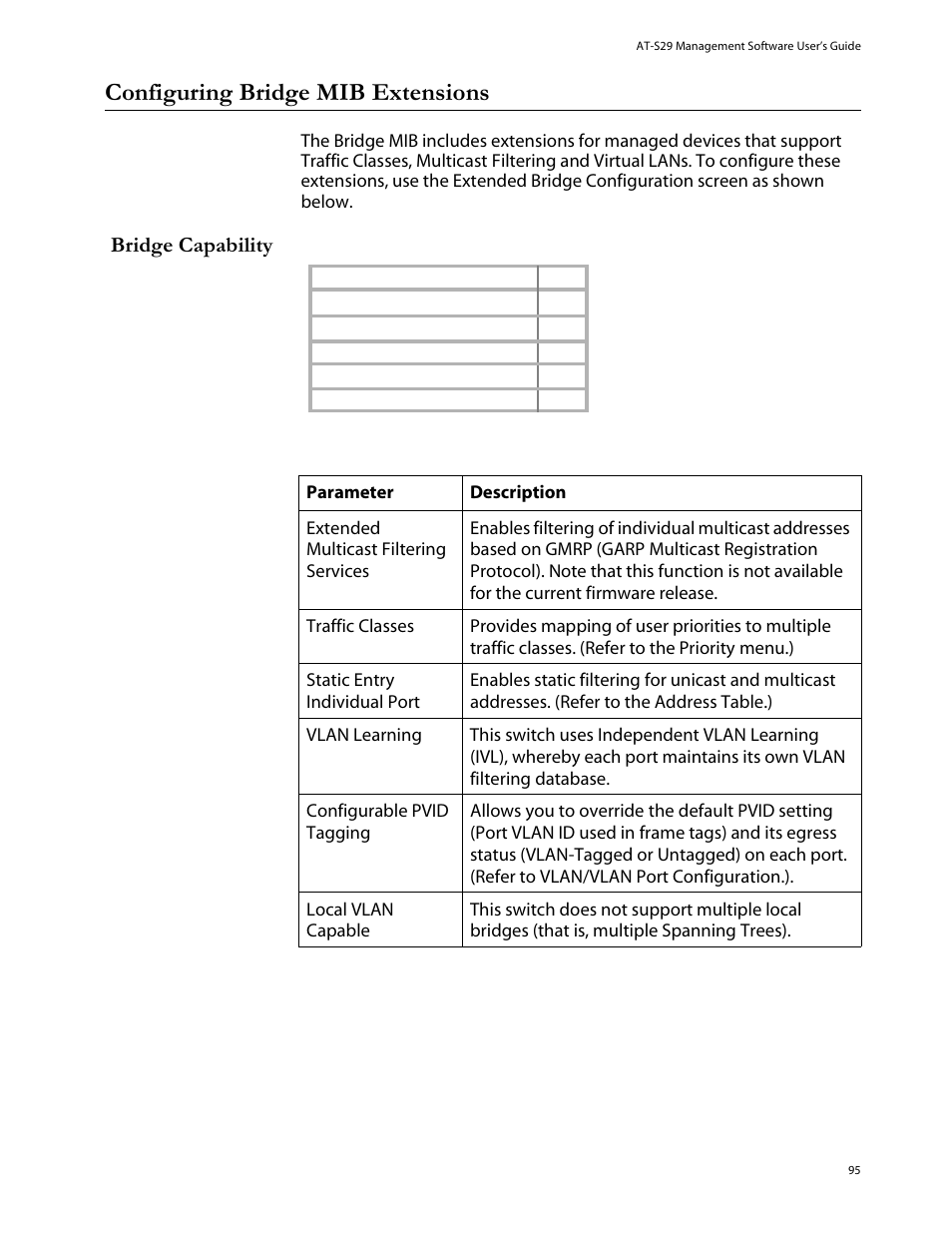 Configuring bridge mib extensions, Bridge capability | Allied Telesis AT-S29 User Manual | Page 95 / 136