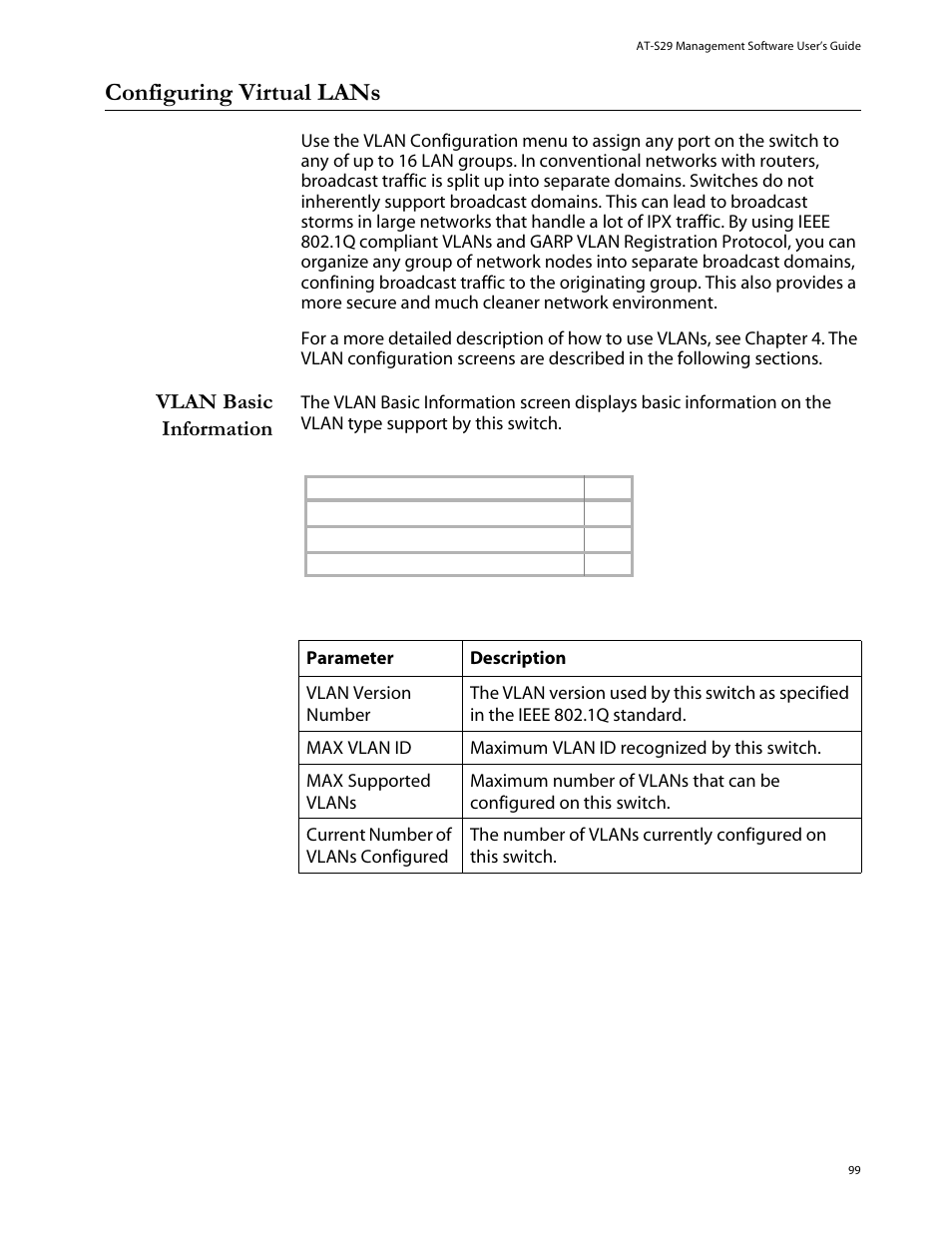 Configuring virtual lans, Vlan basic information | Allied Telesis AT-S29 User Manual | Page 99 / 136