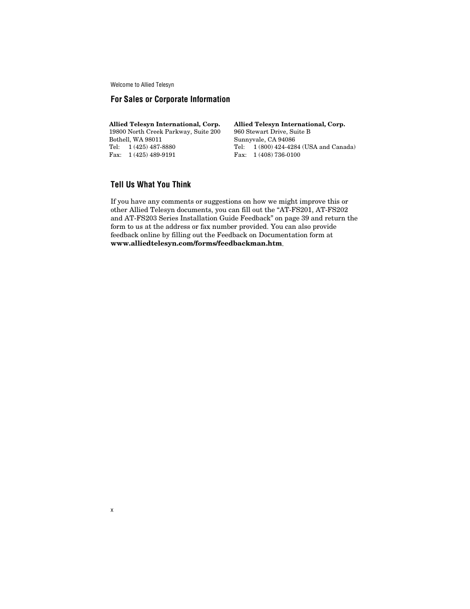 For sales or corporate information, Tell us what you think | Allied Telesis AT-FS203 User Manual | Page 10 / 50
