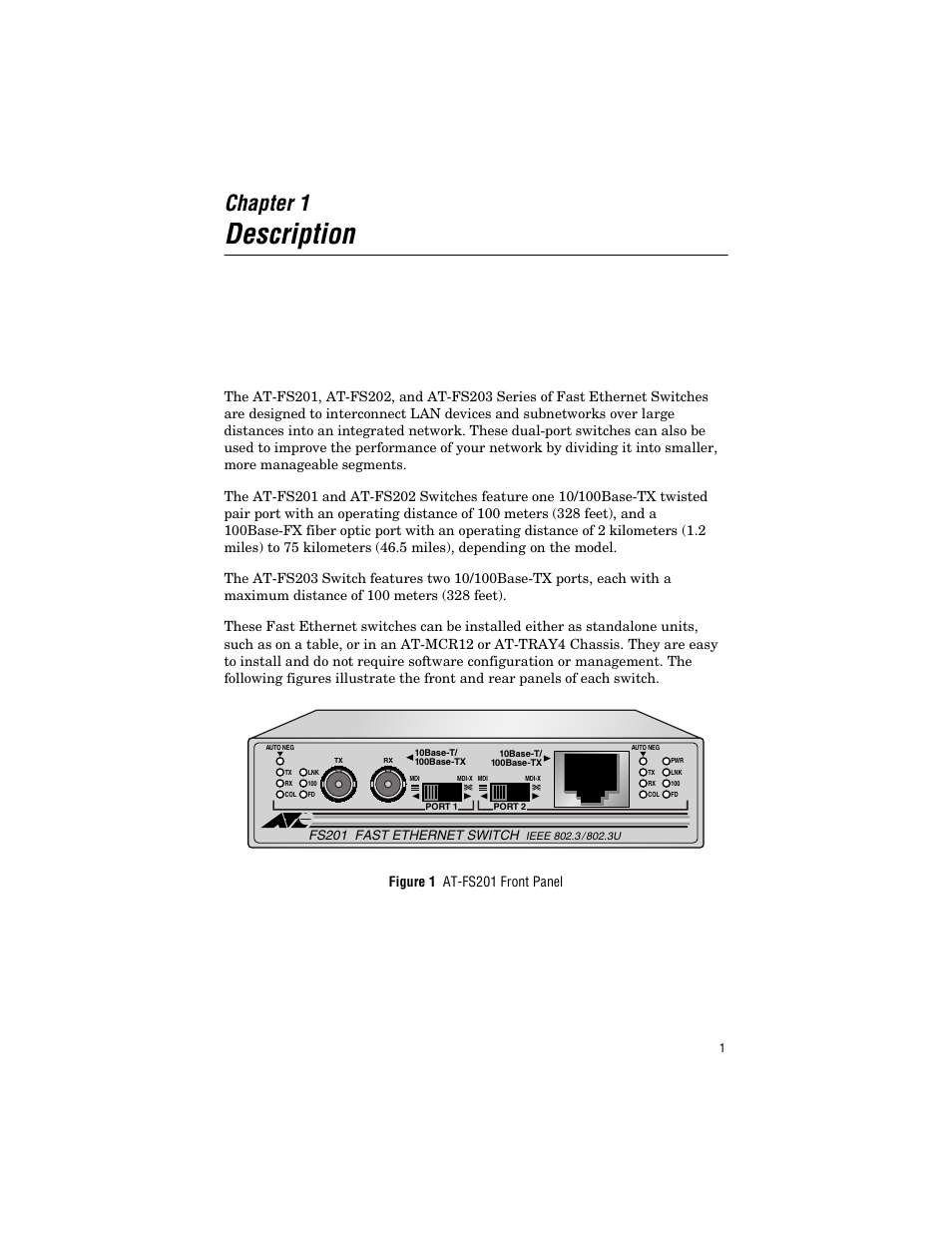 Chapter 1, Description, Fs201 fast ethernet switch | Allied Telesis AT-FS203 User Manual | Page 11 / 50