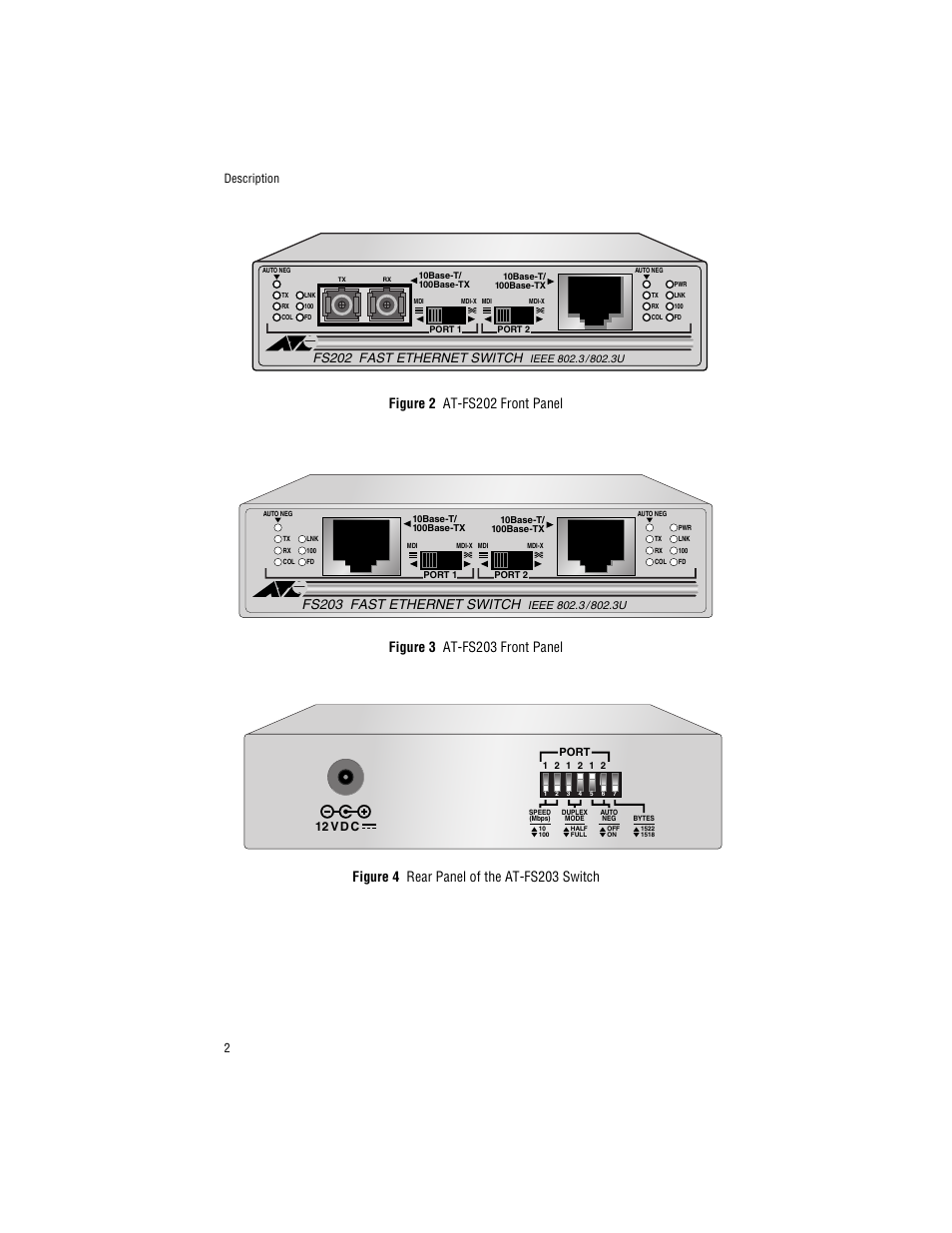Fs203 fast ethernet switch, Fs202 fast ethernet switch, Description 2 | 12 v d c | Allied Telesis AT-FS203 User Manual | Page 12 / 50