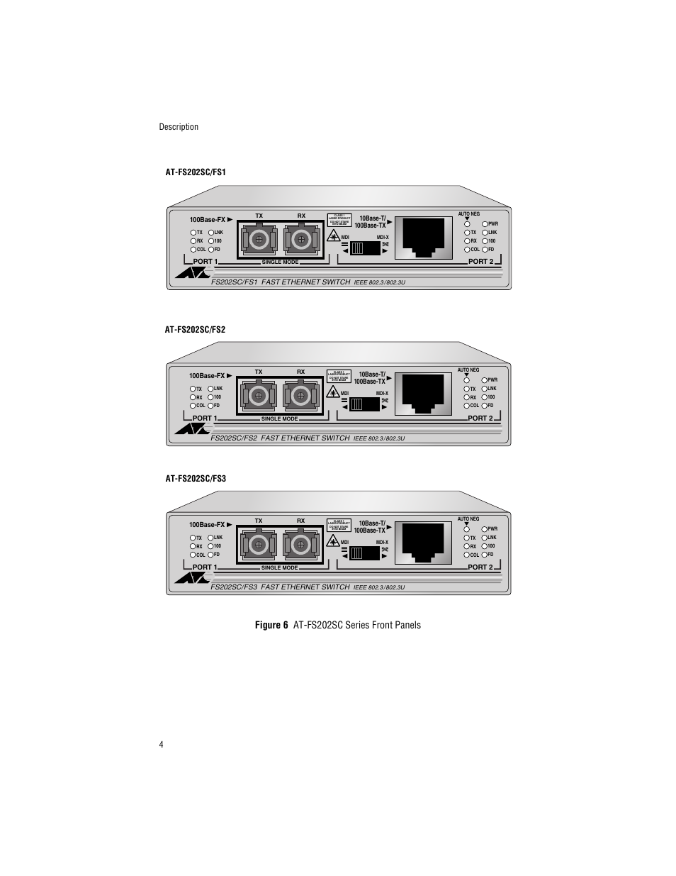 Figure 6 at-fs202sc series front panels, Description 4 | Allied Telesis AT-FS203 User Manual | Page 14 / 50
