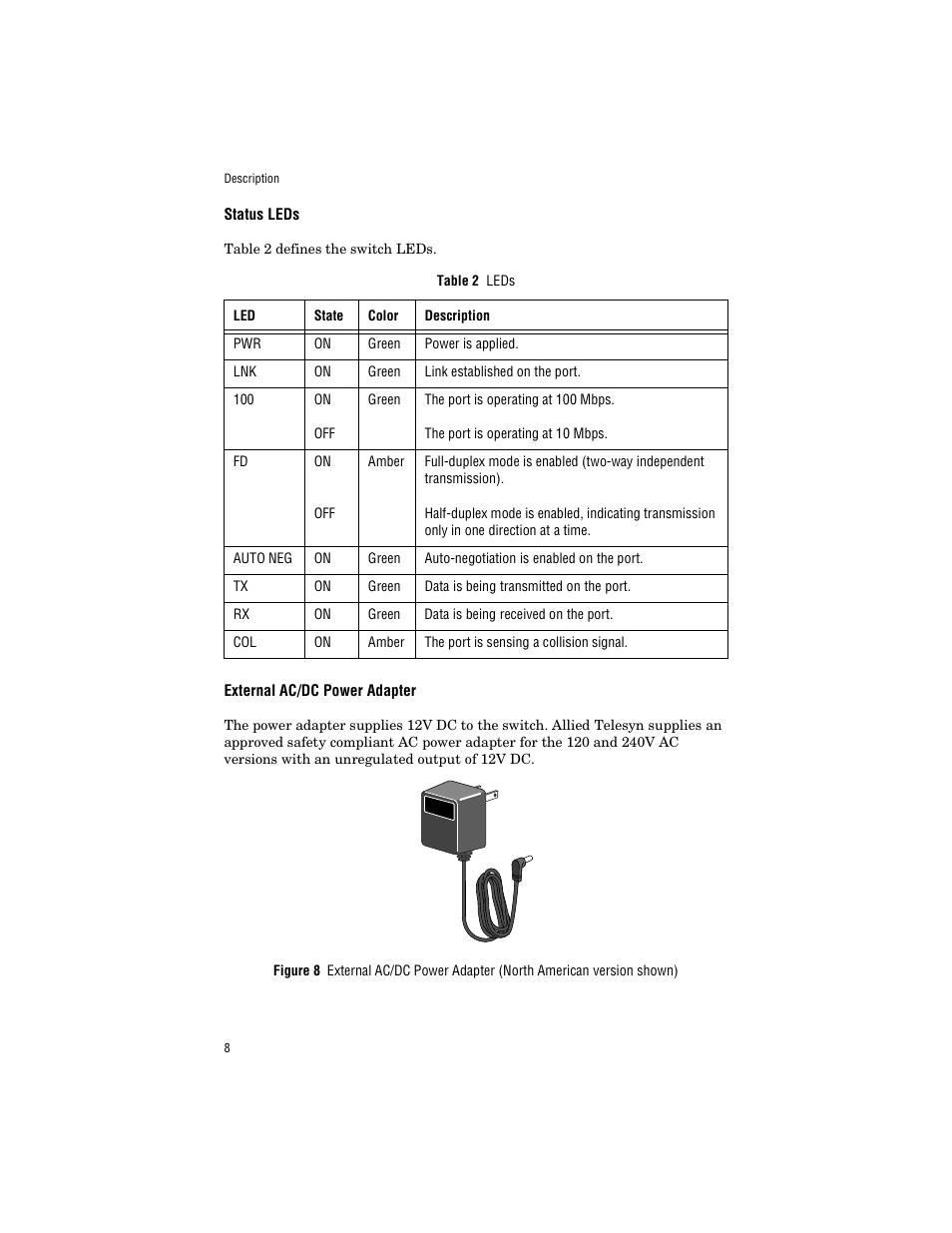 Status leds, External ac/dc power adapter, External ac/dc power adapte | Allied Telesis AT-FS203 User Manual | Page 18 / 50